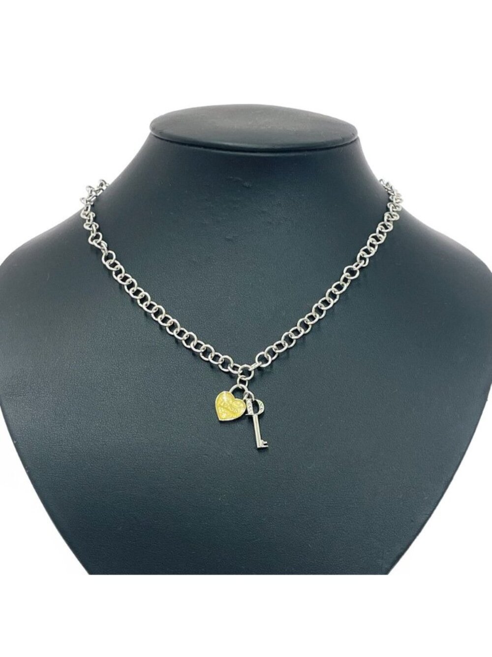 Dior Metal Rhinestone Heart Padlock Key Necklace Silver